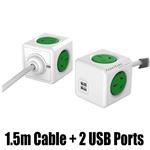 Allocacoc PowerCube Extended USB -  4 Outlets  2 USB - 1.5M Cable - Kelly Green