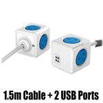 Allocacoc PowerCube Extended USB -  4 Outlets  2 USB - 1.5M Cable - Cobalt Blue