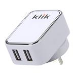 Klik Dual Port USB Wall Charger 15W - White