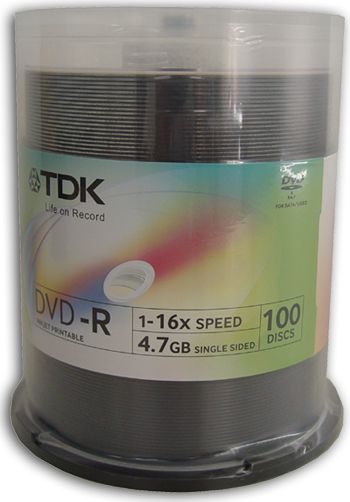 TDK DVD-R Blank Media, 4.7GB , 16X, 100 Pack Spindle Printable | Mwave