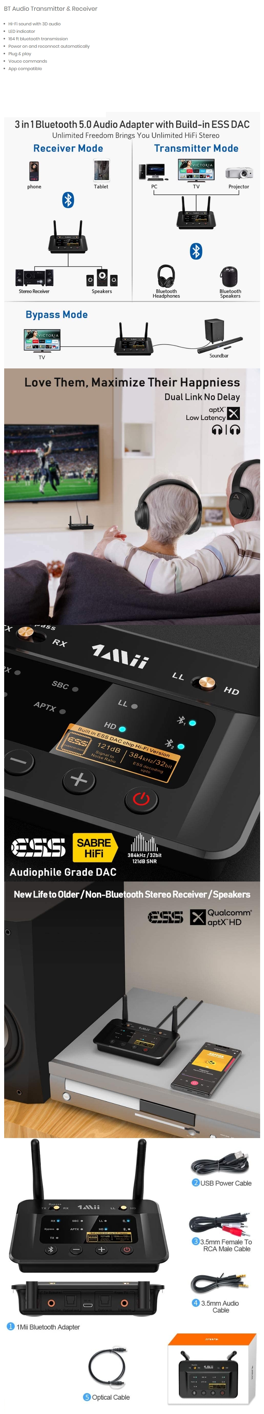 1Mii B03 Pro Bluetooth 5.0 Transmitter Receiver ESS DAC AptX Optical