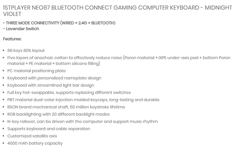 1st Player NEO87 Wireless 3 Mode Mechanical Keyboard - Midnight Violet