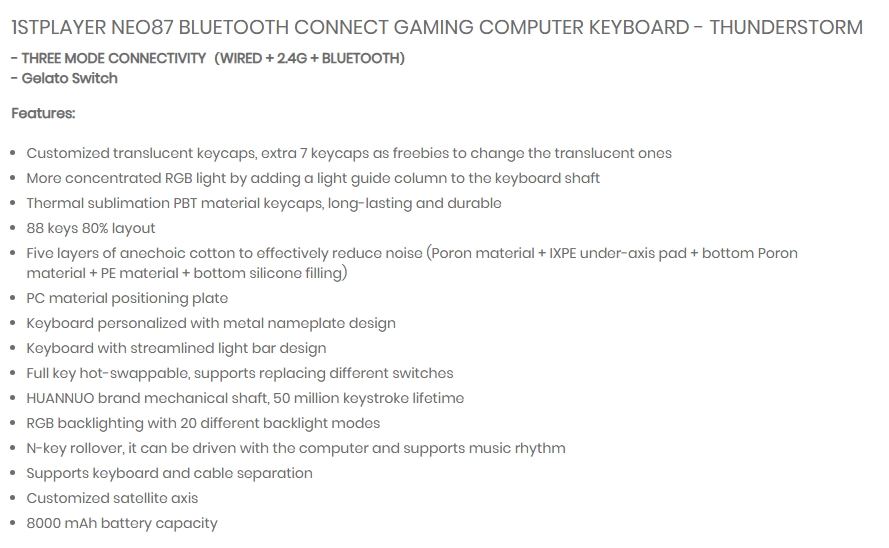 1st Player NEO87 Wireless 3 Mode Mechanical Keyboard - Thunderstorm