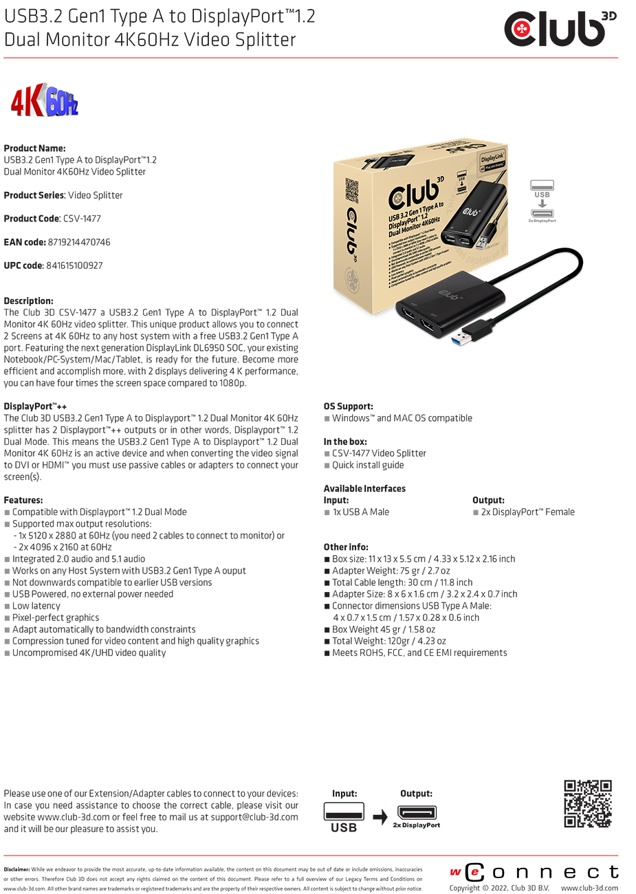 Club3D USB A to DisplayPort CSV-1477 3D Club USB-A 3.2 Gen 1 to