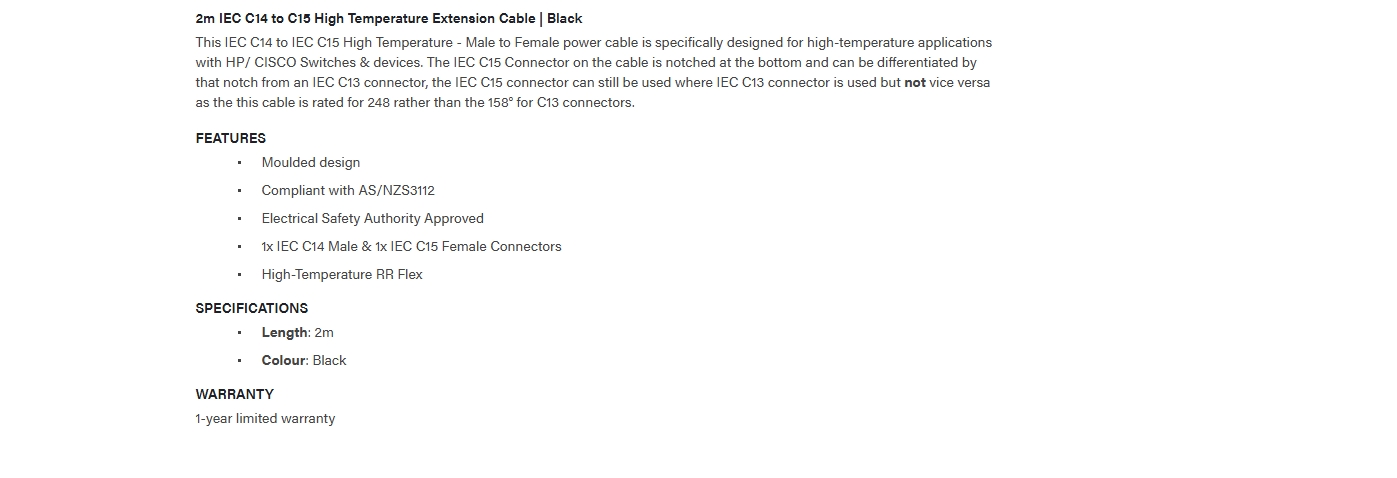 4Cabling 2m IEC C14 to C15 Extension Cable - Black