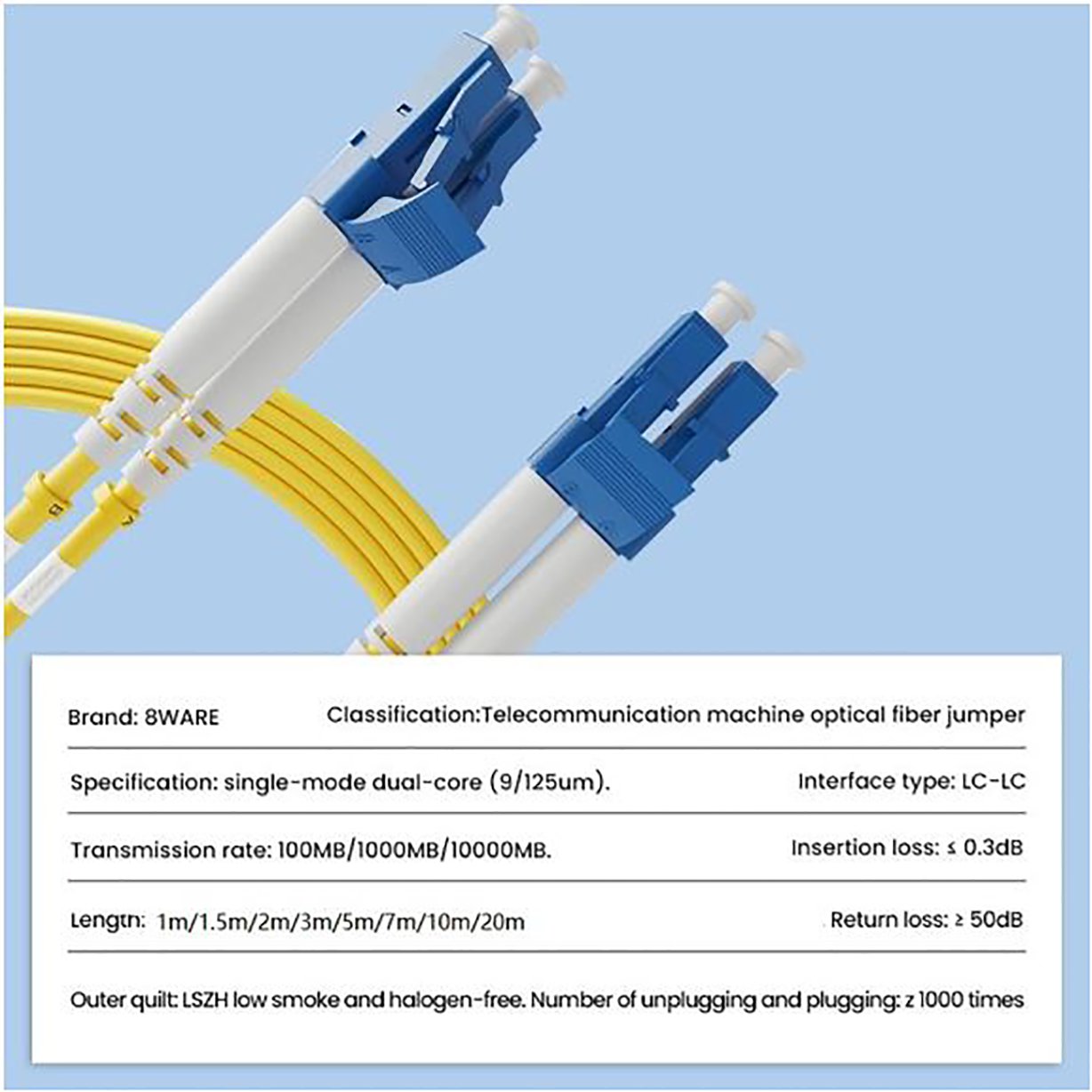 8ware 5m LC-LC OS2 Duplex Armoured LSZH Fibre Optic Cable - Yellow