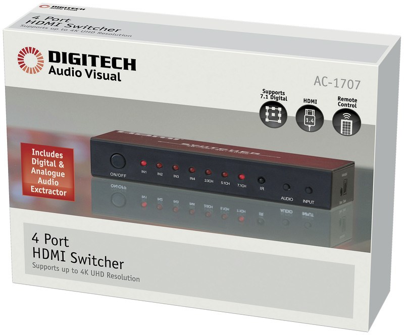 Digitech 4 Input HDMI Switcher with Digital and Analogue Audio Splitter