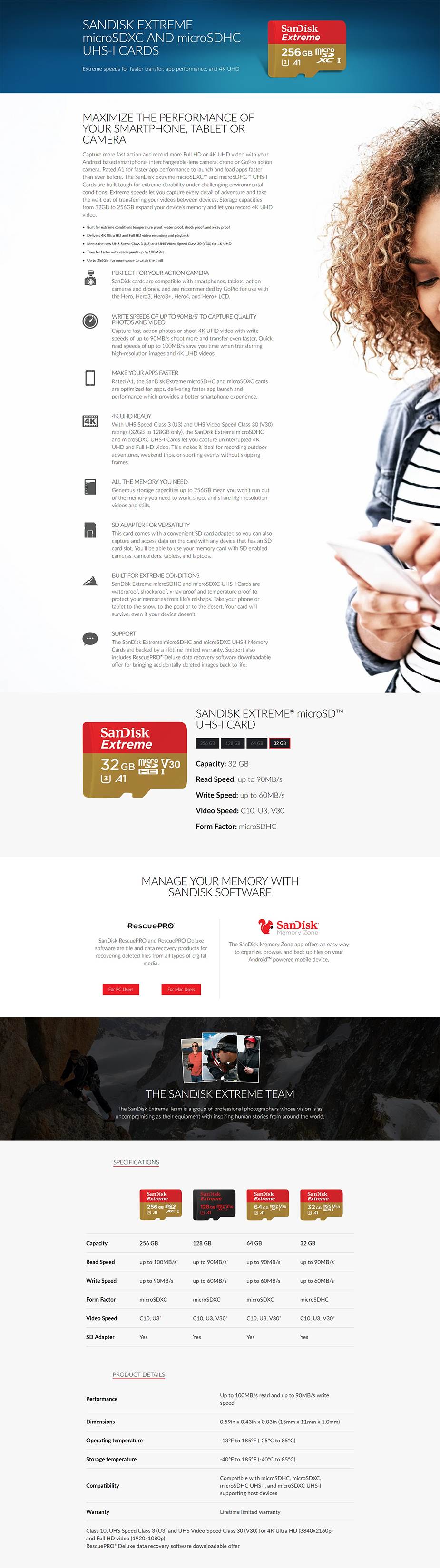 SanDisk 32GB Extreme MicroSDHC UHS-I U3 A1 V30 Memory Card - 100MB/s - Desktop Overview 1
