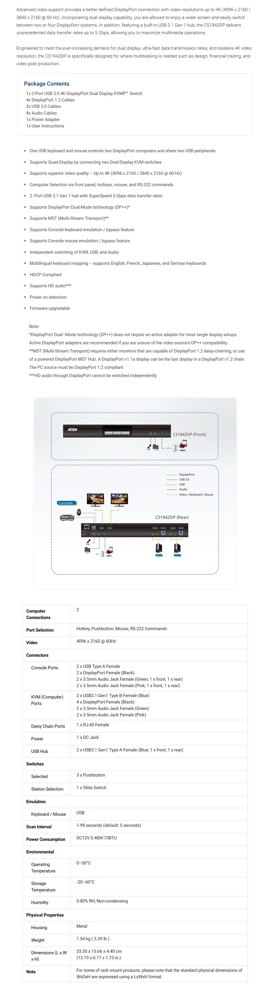 ATEN CS1942DP 2-Port USB 3.0 4K DisplayPort Dual Display KVMP Switch - Desktop Overview 1