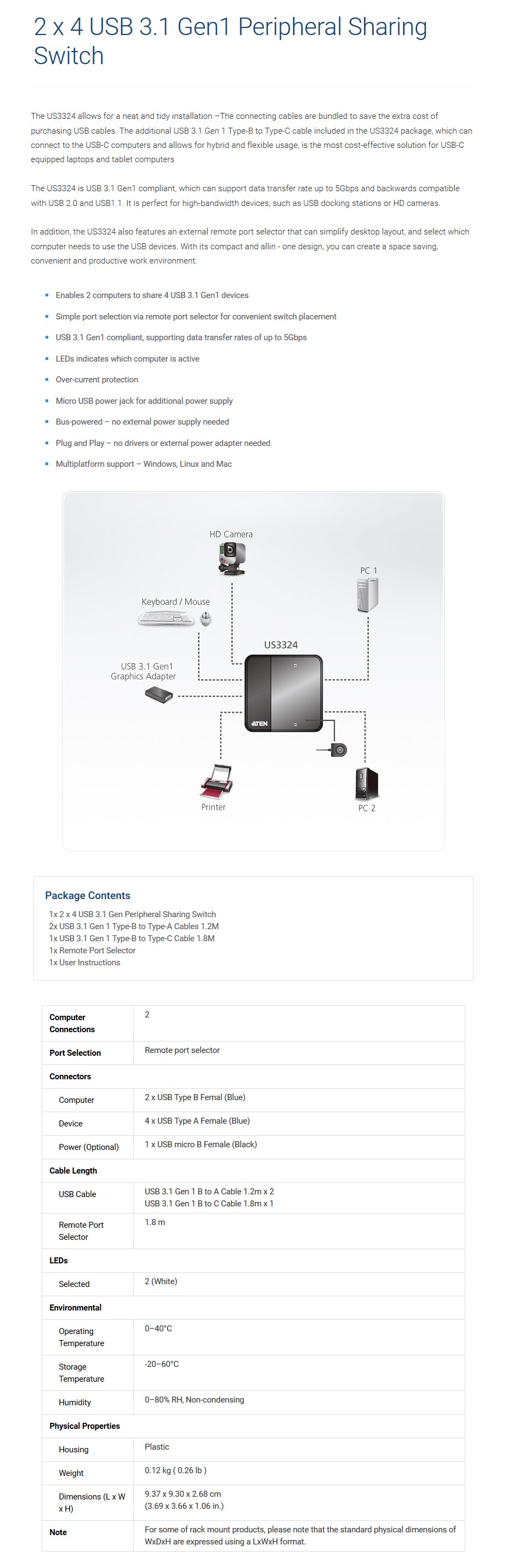 ATEN US3324 2-Port USB 3.1 Gen 1 Peripheral Sharing Switch - Desktop Overview 1
