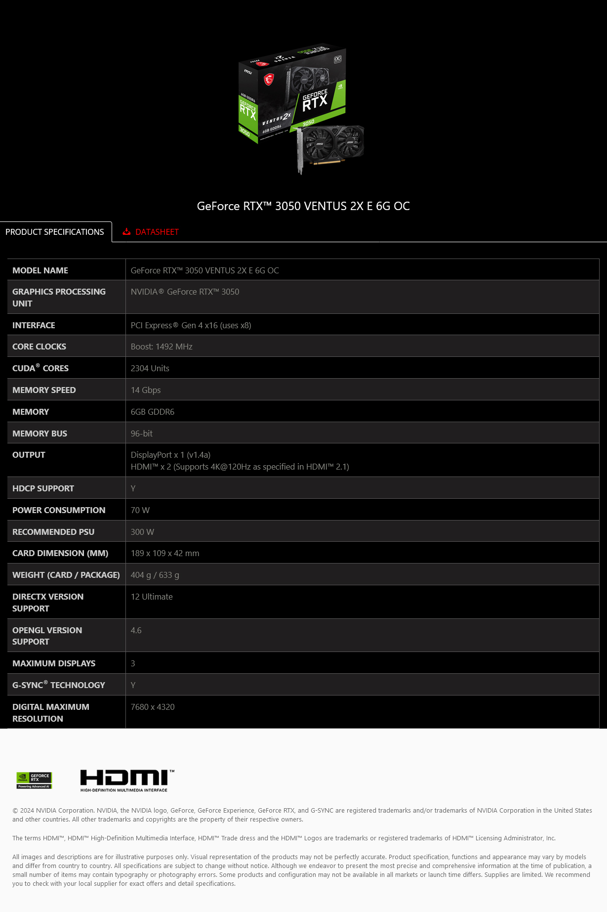 MSI GeForce RTX 3050 VENTUS 2X E OC 6GB Video Card