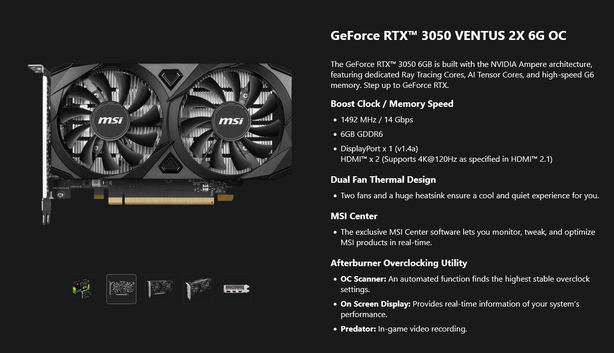 MSI GeForce RTX 3050 VENTUS 2X E OC 6GB Video Card