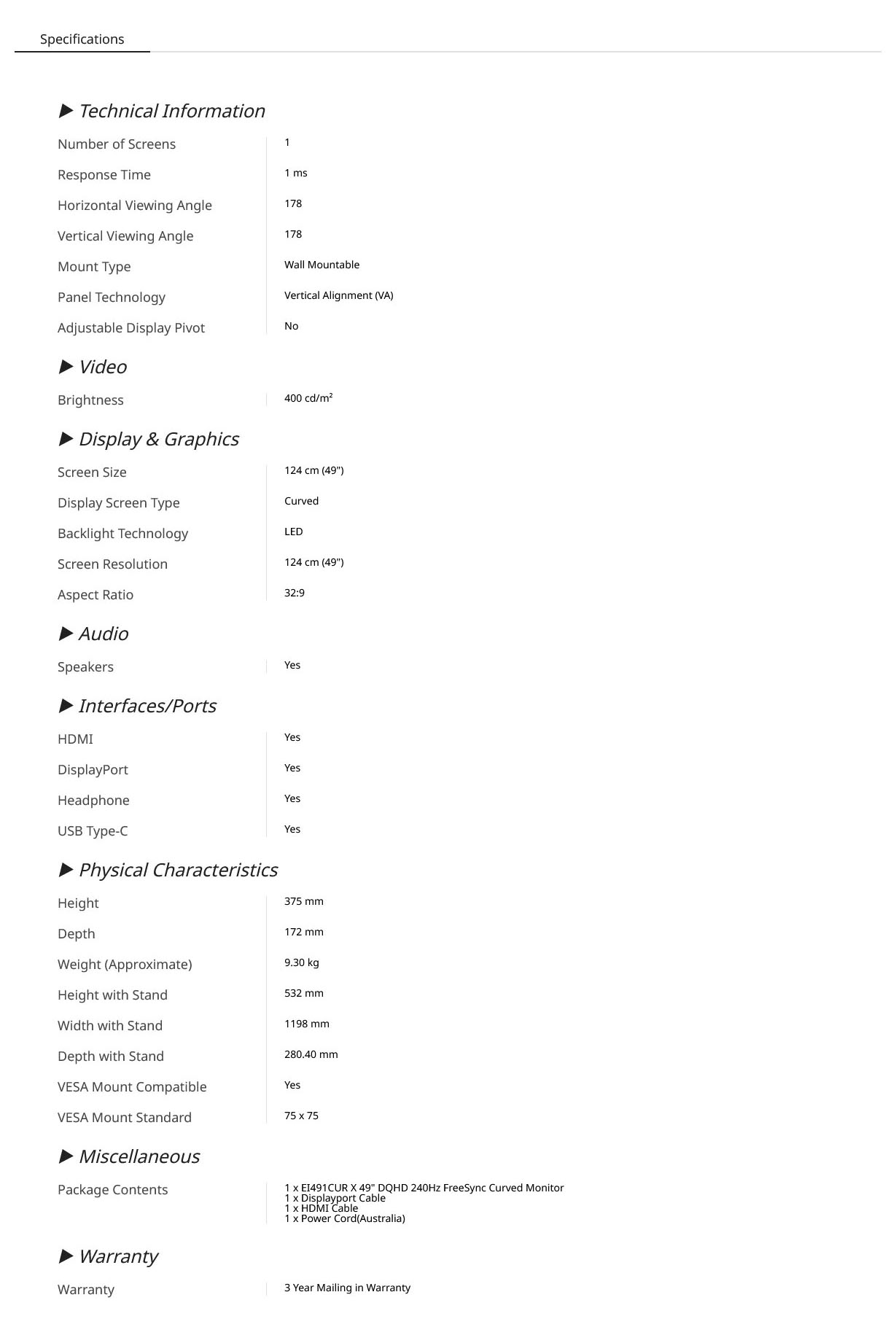 Acer EI491CUR X 49