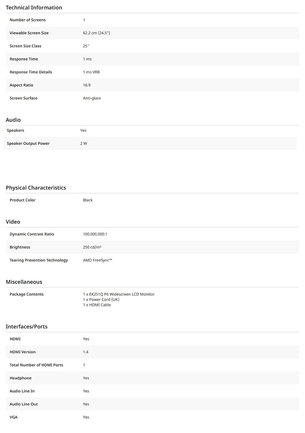 Acer EK251QP6 24.5