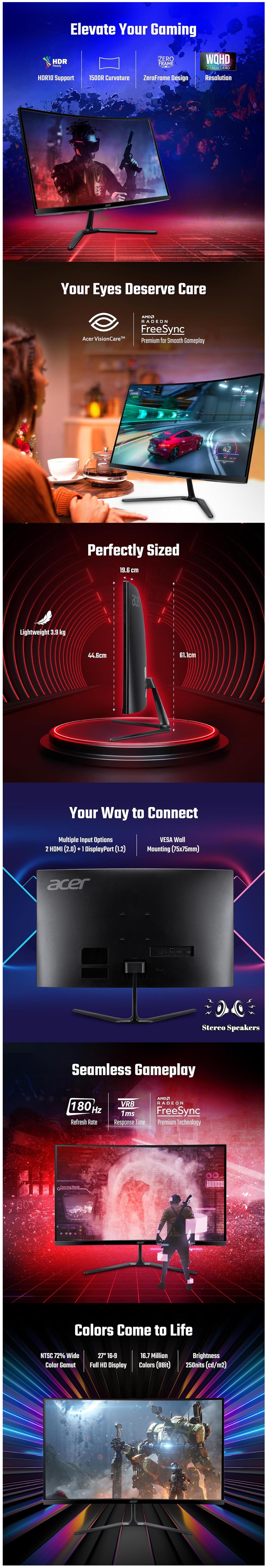 Acer Nitro ED270US3 27" 180Hz QHD 1ms FreeSync Curved VA Gaming Monitor - Eco Packaging
