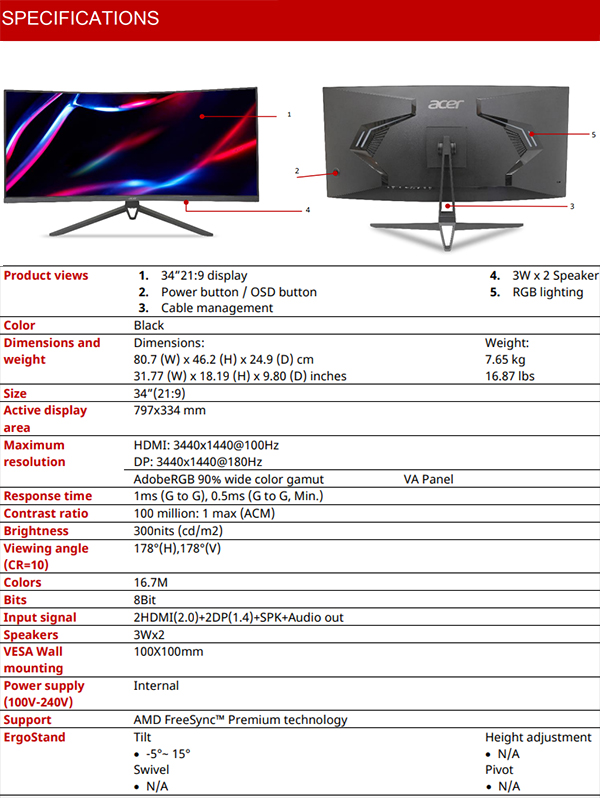Acer Nitro ED343CUR V3 34" 180Hz UWQHD 0.5ms FreeSync VA Curved Gaming