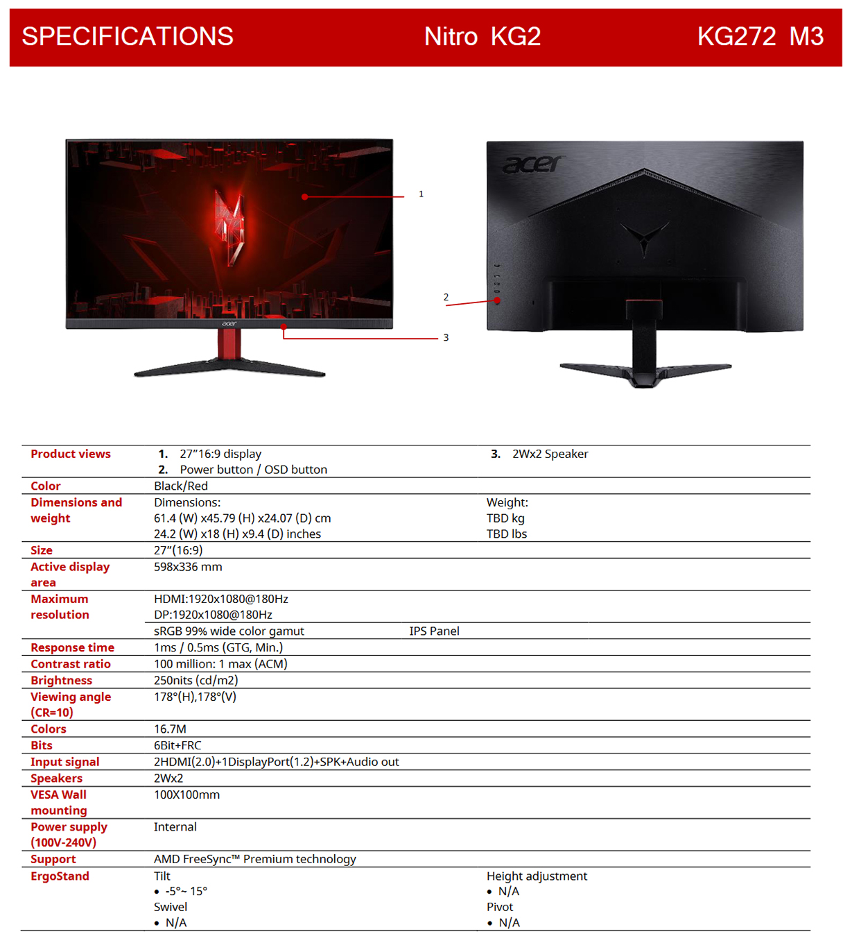 Acer Nitro KG272 M3 27" 180Hz FHD 0.5ms FreeSync Premium IPS Gaming Monitor