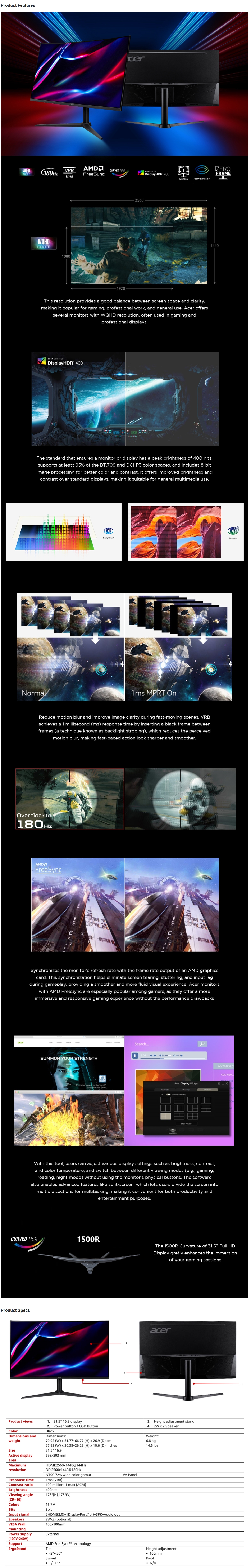 Acer Nitro XZ322QUV3 31.5" 180Hz QHD 1ms FreeSync Curved VA Gaming Monitor - Eco Packaging