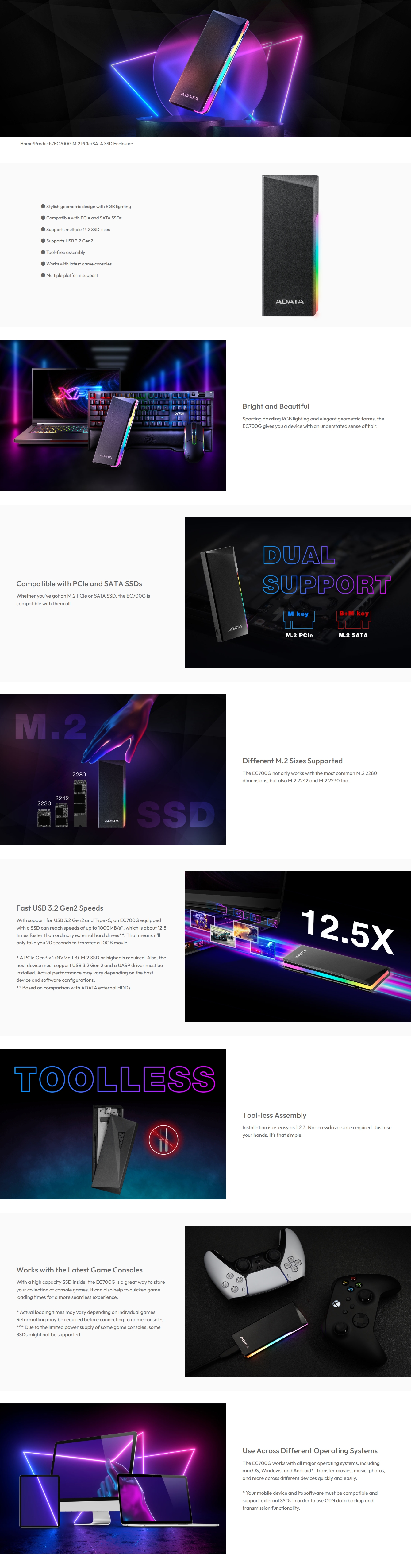 ADATA EC700G M.2 PCIe/SATA SSD to USB-C RGB Enclosure