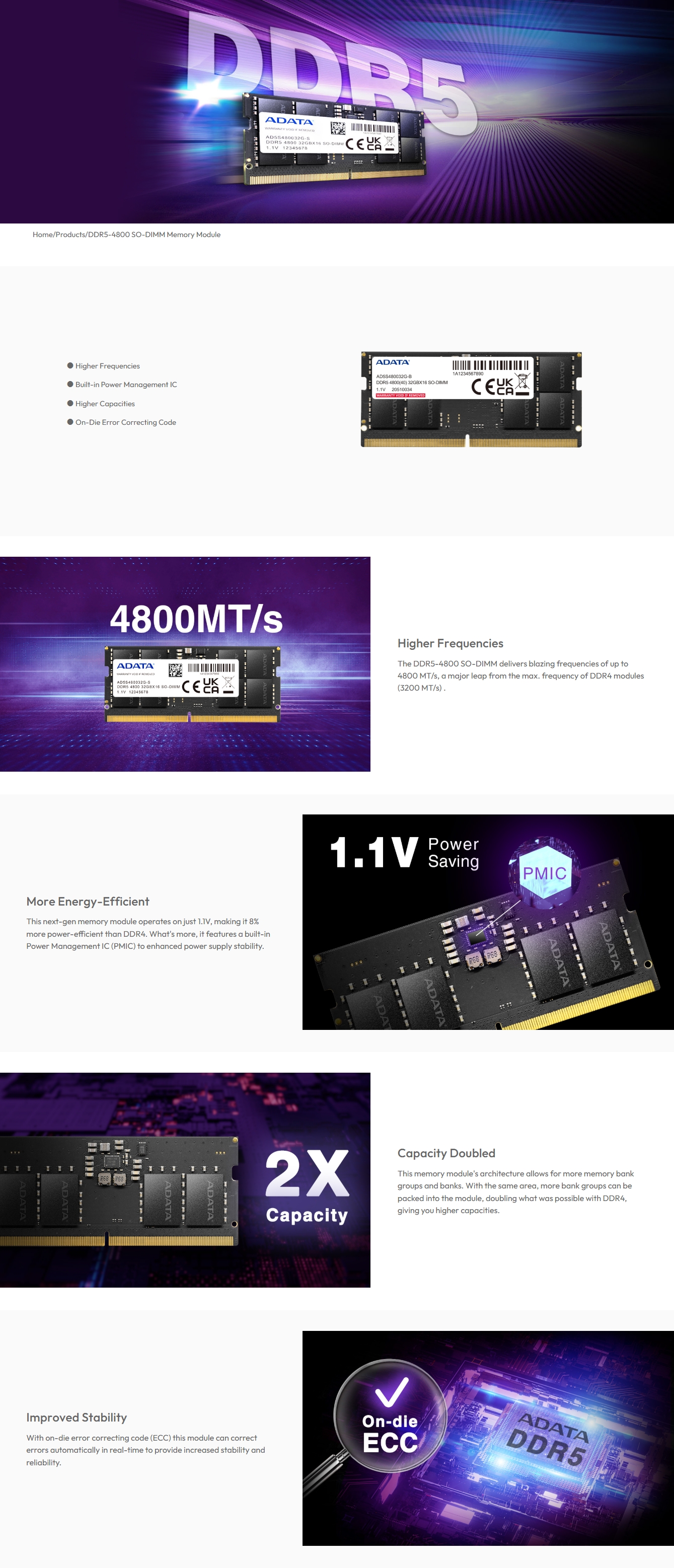 ADATA Premier 8GB (1x8GB) DDR5 4800MHz CL40 Laptop Memory