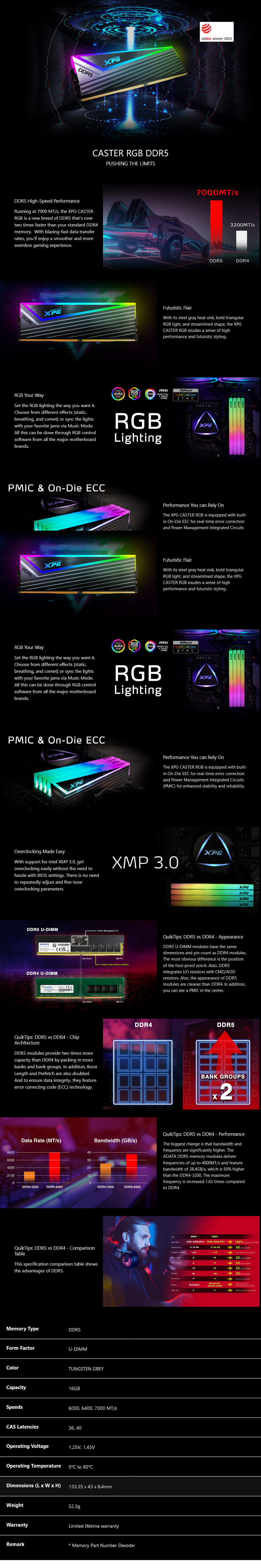 ADATA XPG CASTER RGB 32GB 2x 16GB DDR5 6000MHz Memory Tungsten Grey AX5U6000C4016G DCCARGY 