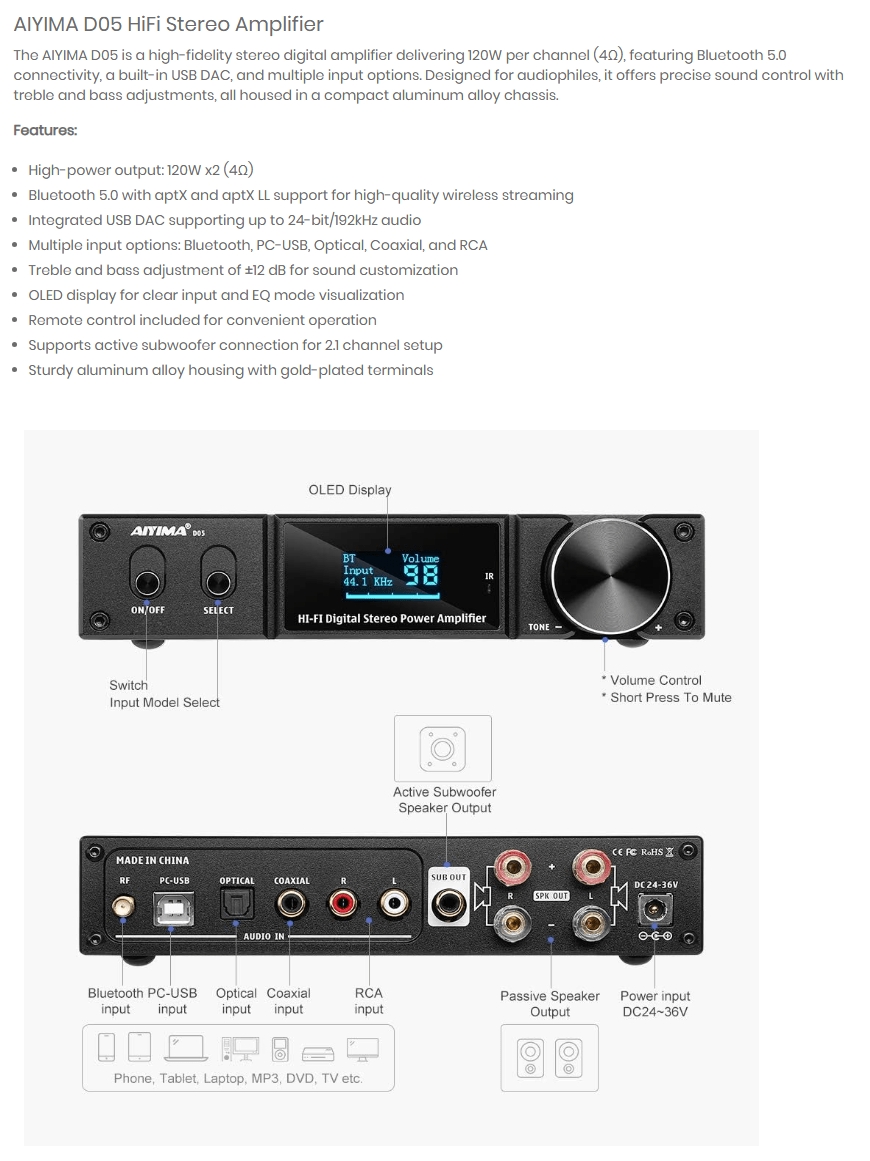 AIYIMA D05 Bluetooth Hi-Res DAC Amplifier