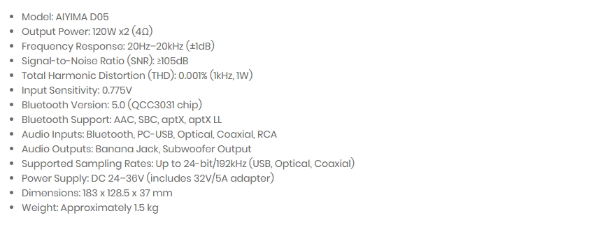 AIYIMA D05 Bluetooth Hi-Res DAC Amplifier