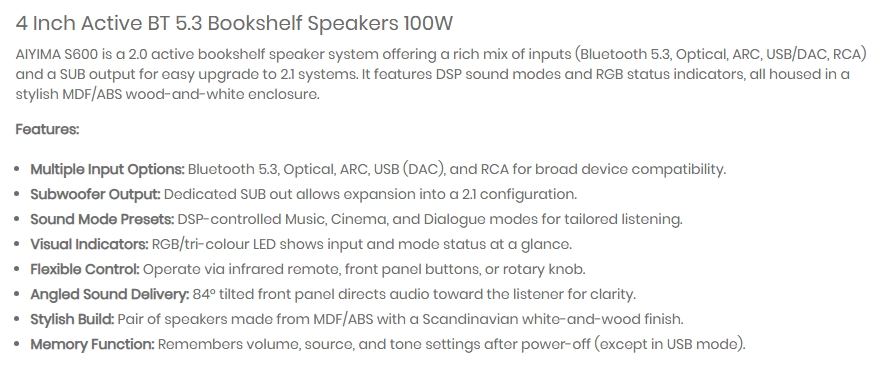 AIYIMA S600 Bluetooth Active Bookshelf Speakers - White