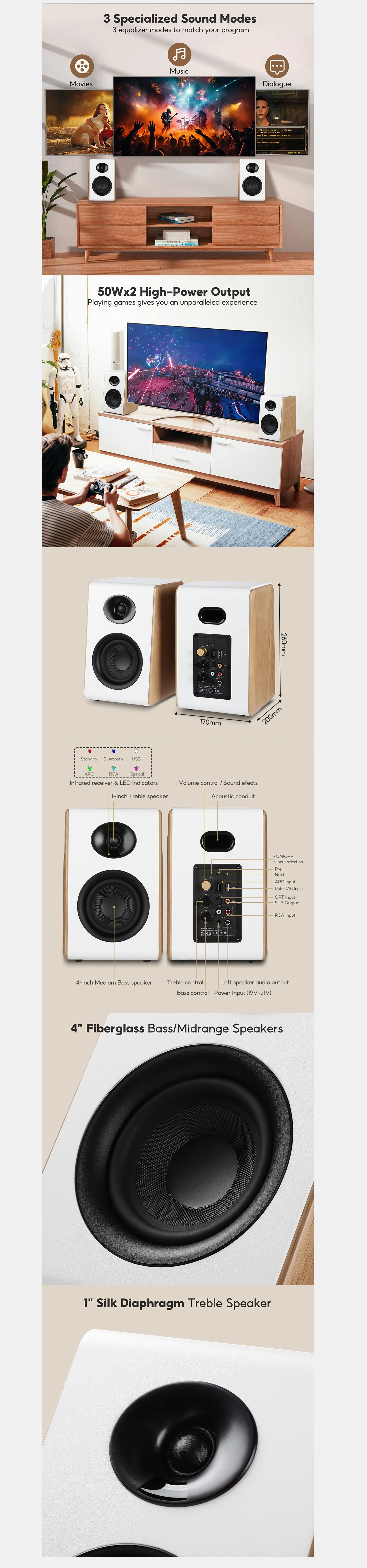 AIYIMA S600 Bluetooth Active Bookshelf Speakers - White