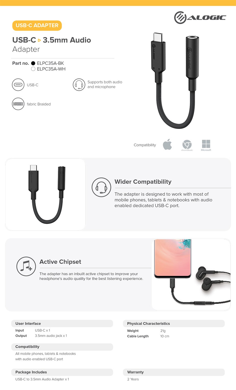 Alogic Elements Pro 10cm USB-C to 3.5mm Audio Adapter - Black - Desktop Overview 1
