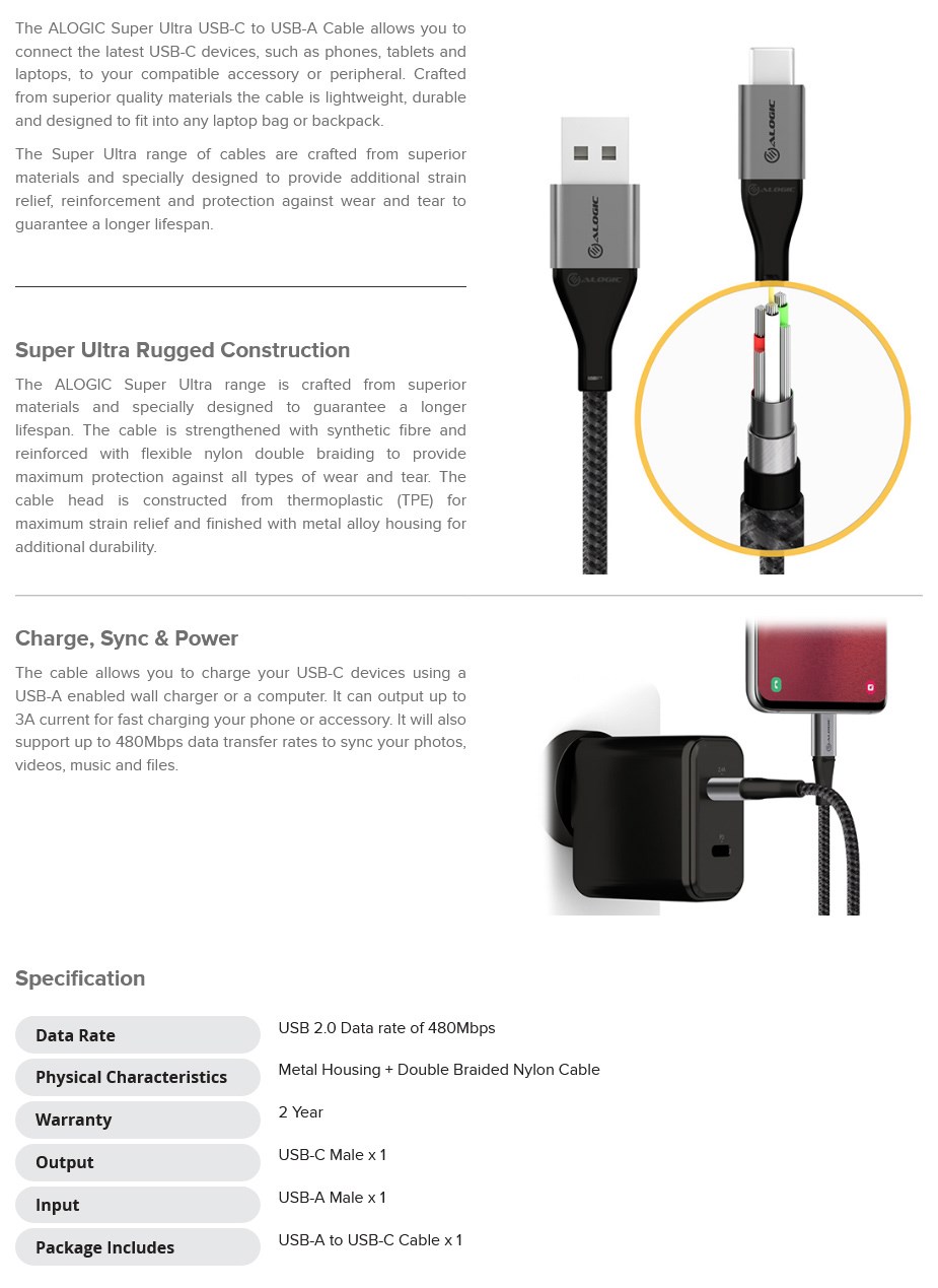 Alogic Super Ultra 3m USB-C to USB-A Cable - Silver - Desktop Overview 1