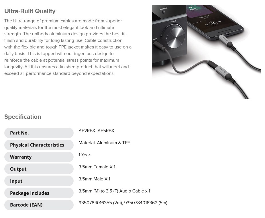 Alogic Ultra 5m 3.5mm Stereo Audio Extension Cable (M/F) - Space Grey - Desktop Overview 1