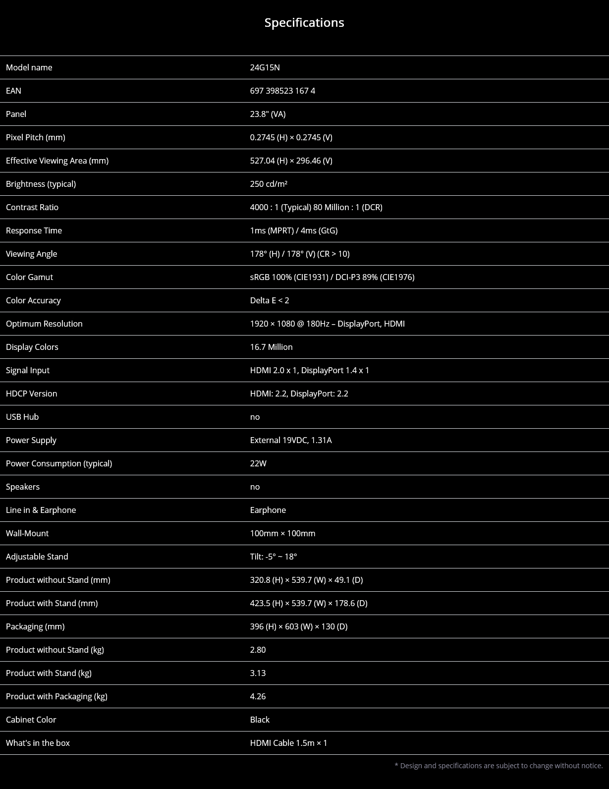 AOC 24G15N 23.8" 180Hz Full HD 1ms Adaptive Sync HDR10 VA Gaming Monitor
