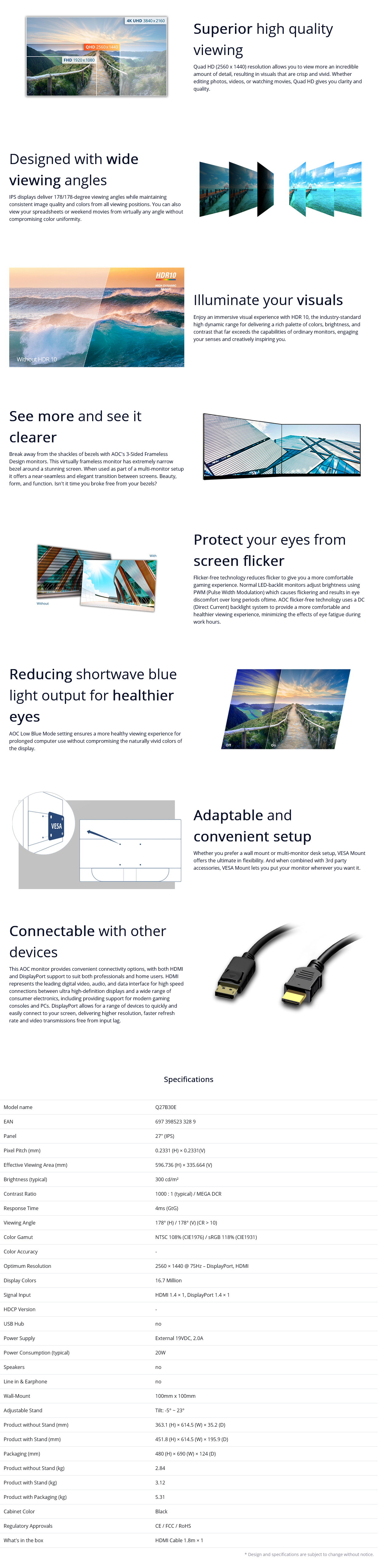 AOC Q27B30E 27" 75Hz QHD HDR10 Flicker-Free IPS Monitor