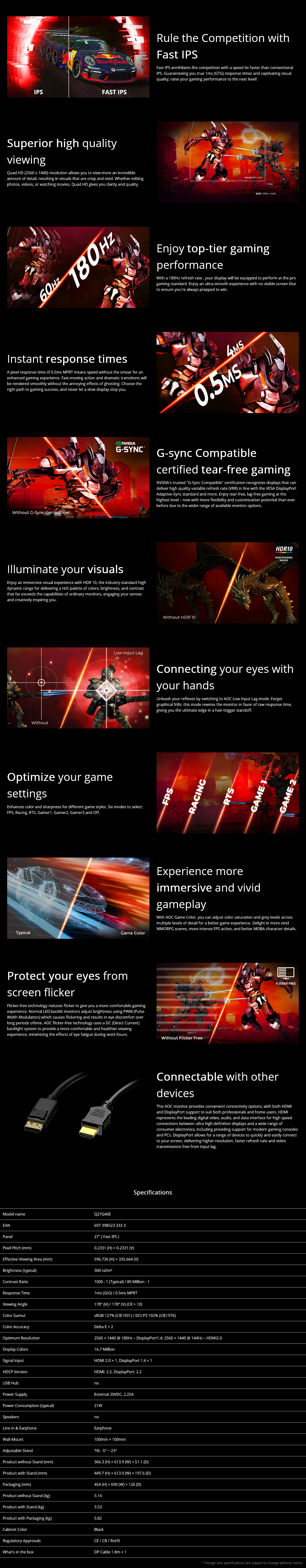 AOC Q27G40E 27" 180Hz QHD 0.5ms HDR10 G-Sync Compatible IPS Gaming Monitor