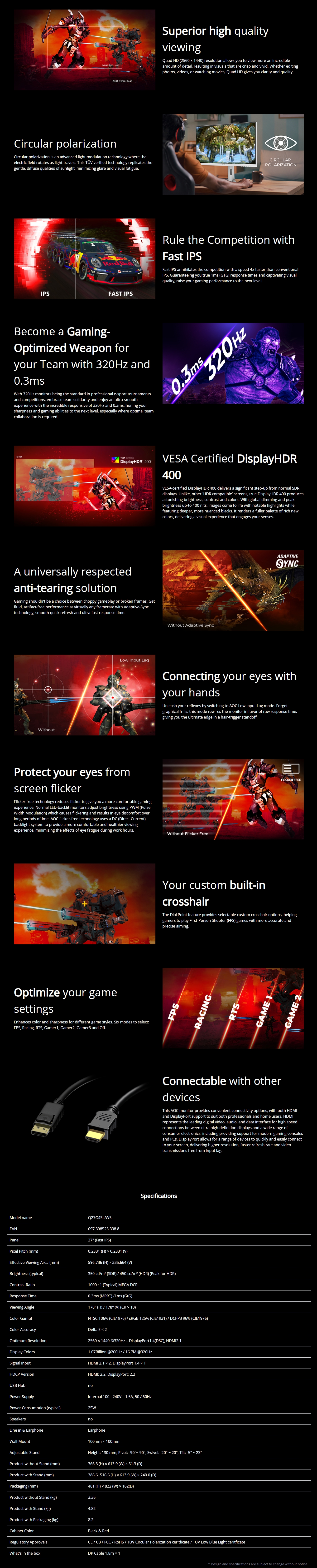 AOC Q27G4SL/WS 27" 320Hz QHD 0.3ms HDR400 Adaptive Sync IPS Gaming Monitor - White