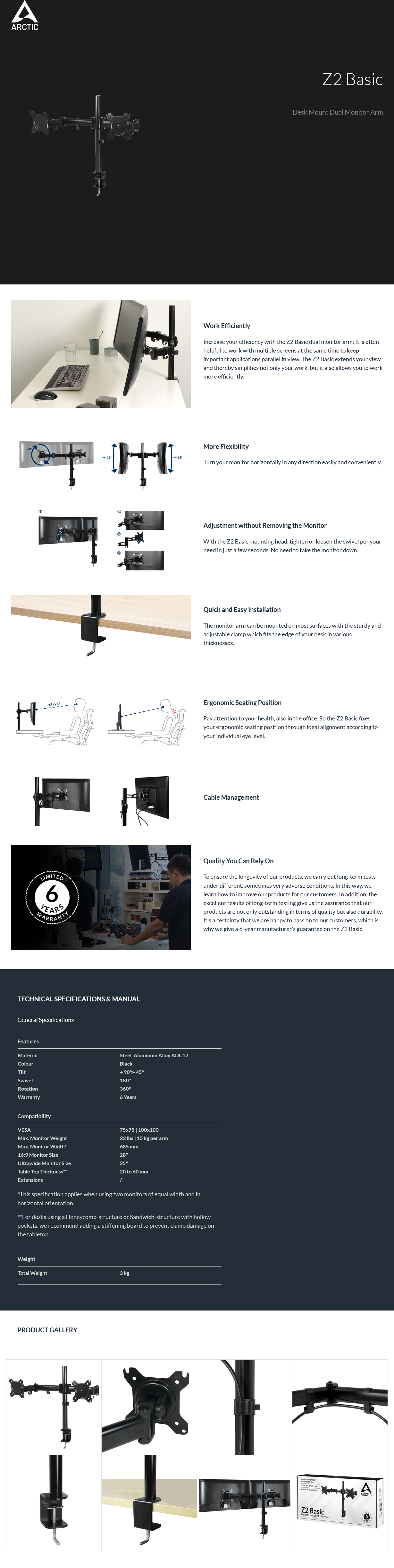 Arctic Z2 Basic Desk Mount Dual Monitor Arm - 25-28