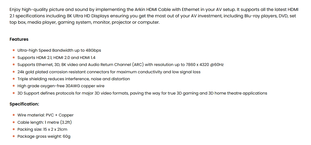 Arkin 1m 8K 48Gbps HDMI 2.1 Cable with Ethernet