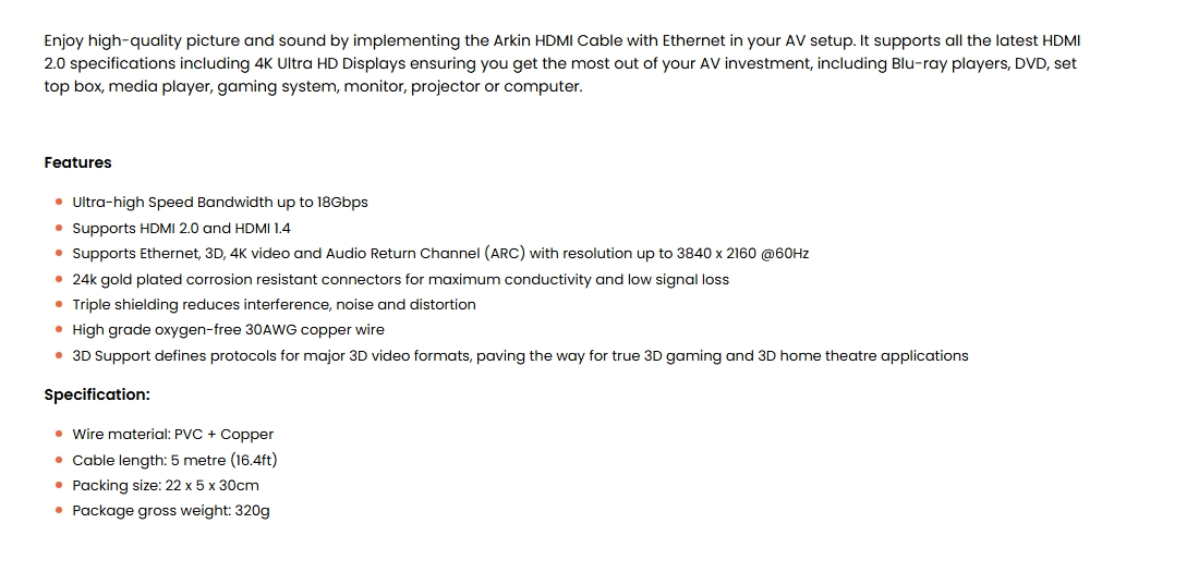 Arkin 5m 4K 18Gbps HDMI 2.0 Cable with Ethernet
