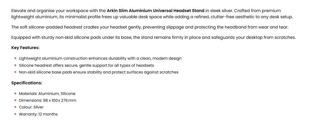 Arkin AR-HEAD-02-S Slim Universal Desktop Headset Stand - Silver