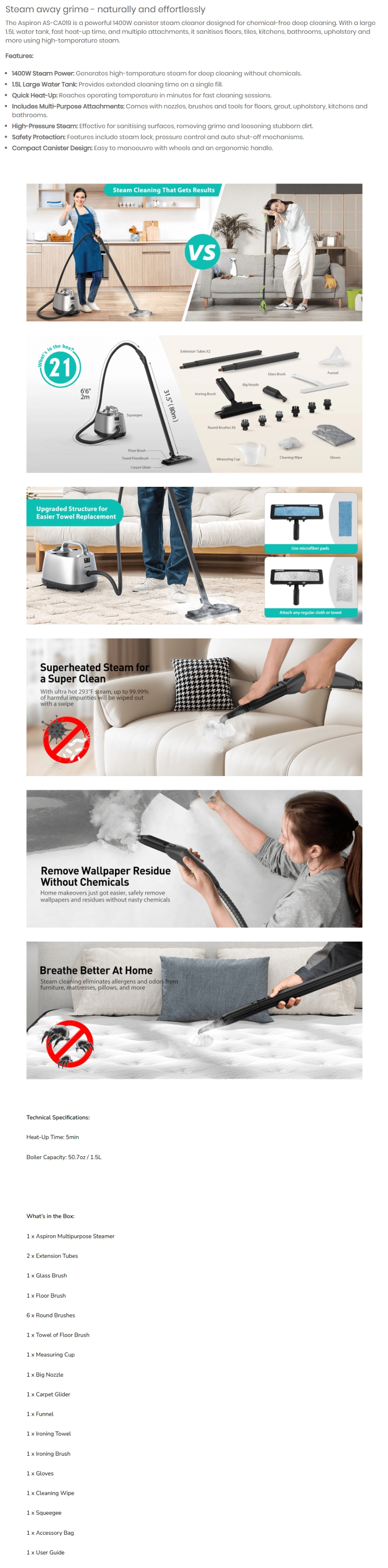 Aspiron Portable Multipurpose Steam Cleaner - Silver