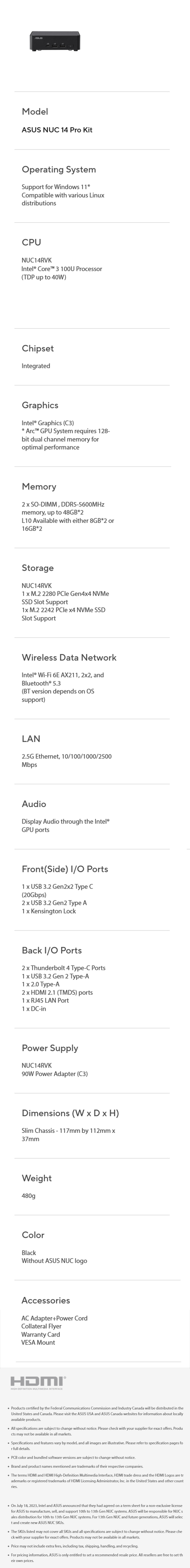 ASUS 14 Pro Slim Mini PC Barebone Kit - Intel Core 3 100U Processor