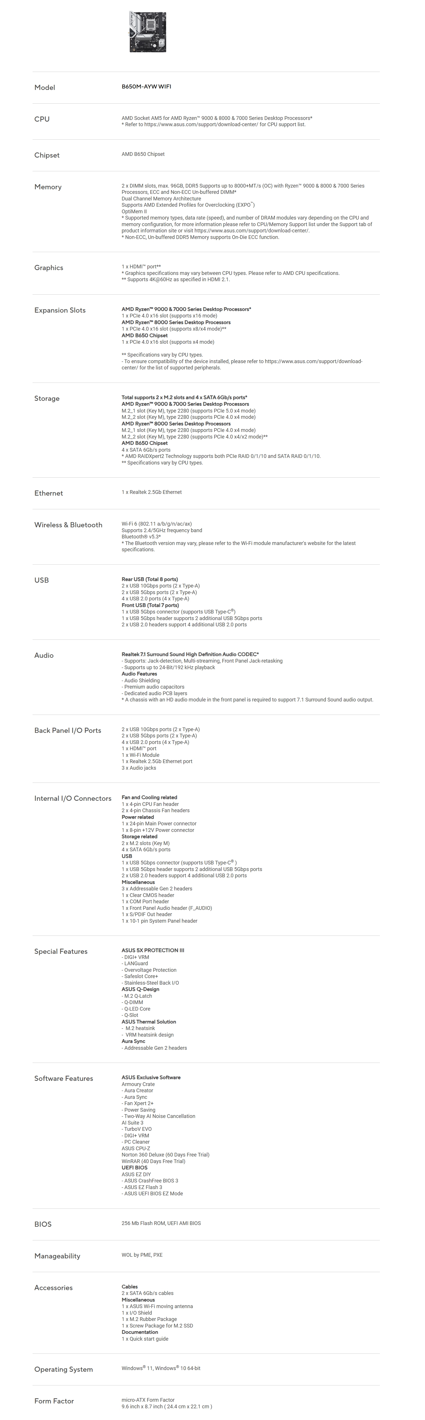 ASUS B650M-AYW WIFI AM5 Micro-ATX Motherboard