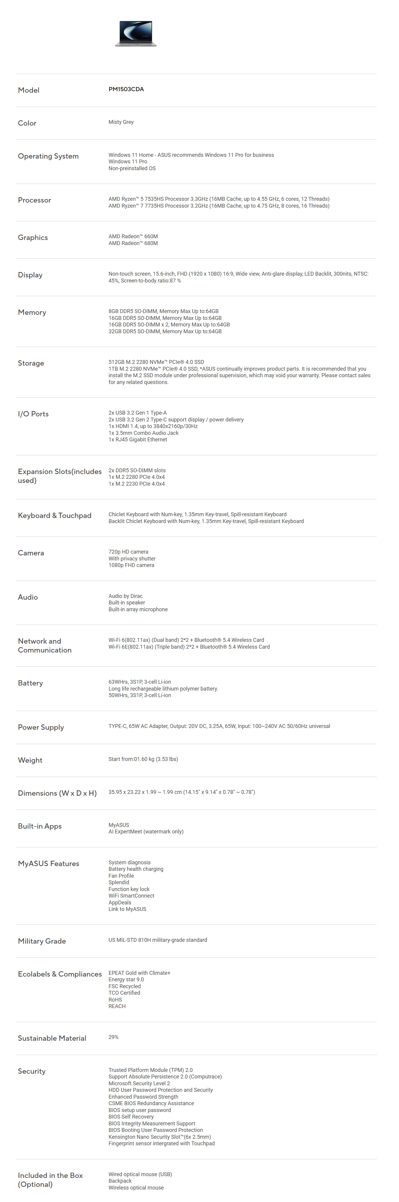 ASUS ExpertBook P1 14" Laptop AMD Ryzen 7-7735HS 16GB 512GB W11P