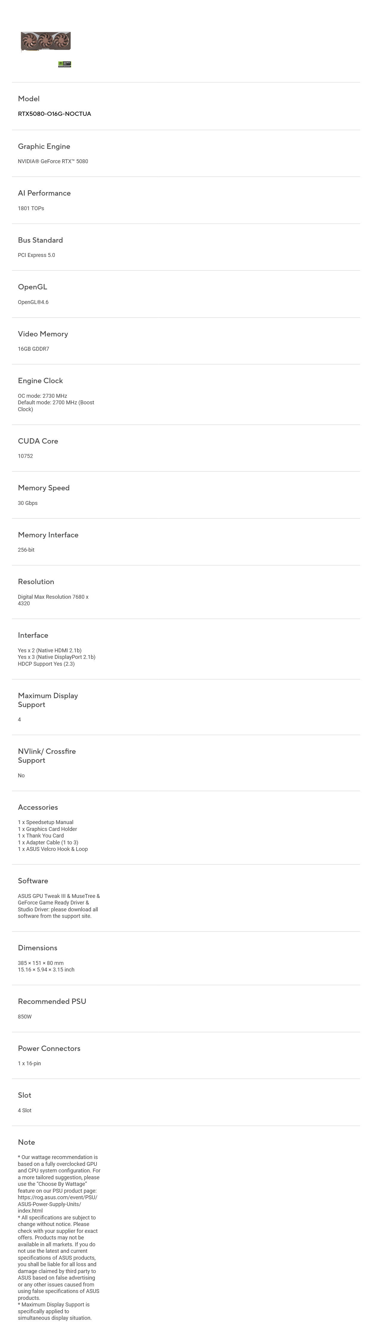 ASUS GeForce RTX 5080 16GB GDDR7 Noctua OC Video Card