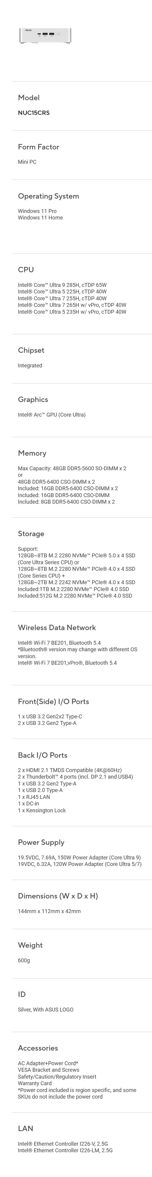 ASUS NUC 15 Pro+ Mini PC Barebone Kit - Intel Core Ultra 7 265H vPro