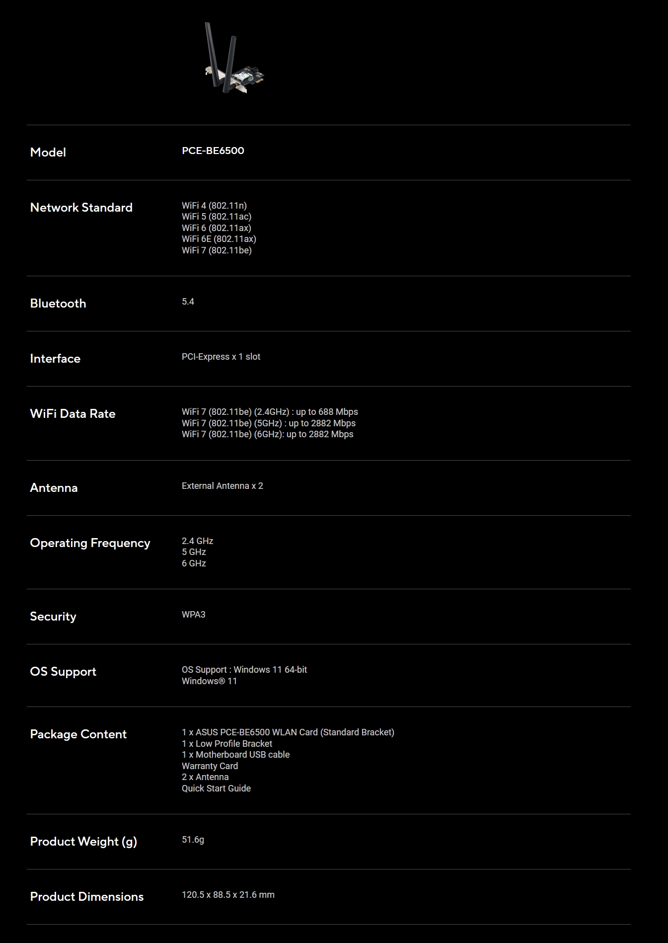 ASUS PCE-BE6500 Wi-Fi 7 PCIe Adapter