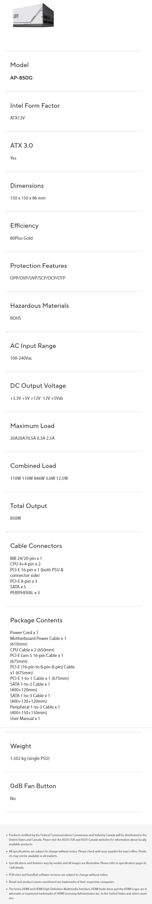ASUS Prime 850W 80+ Gold ATX 3.0 PCIE 5.0 Fully Modular Power Supply