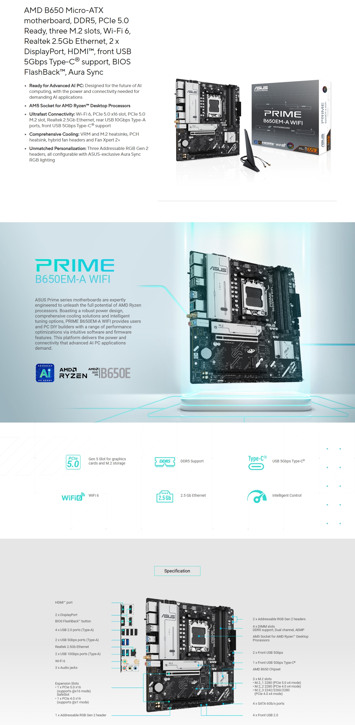 ASUS PRIME B650EM-A WIFI AM5 Micro-ATX Motherboard