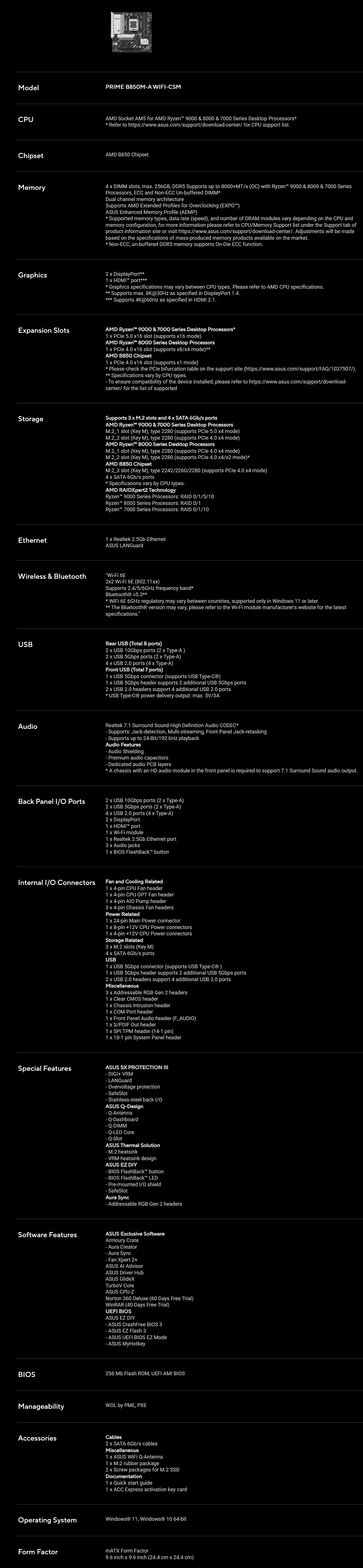 ASUS PRIME B850M-A WIFI-CSM AM5 mATX Motherboard